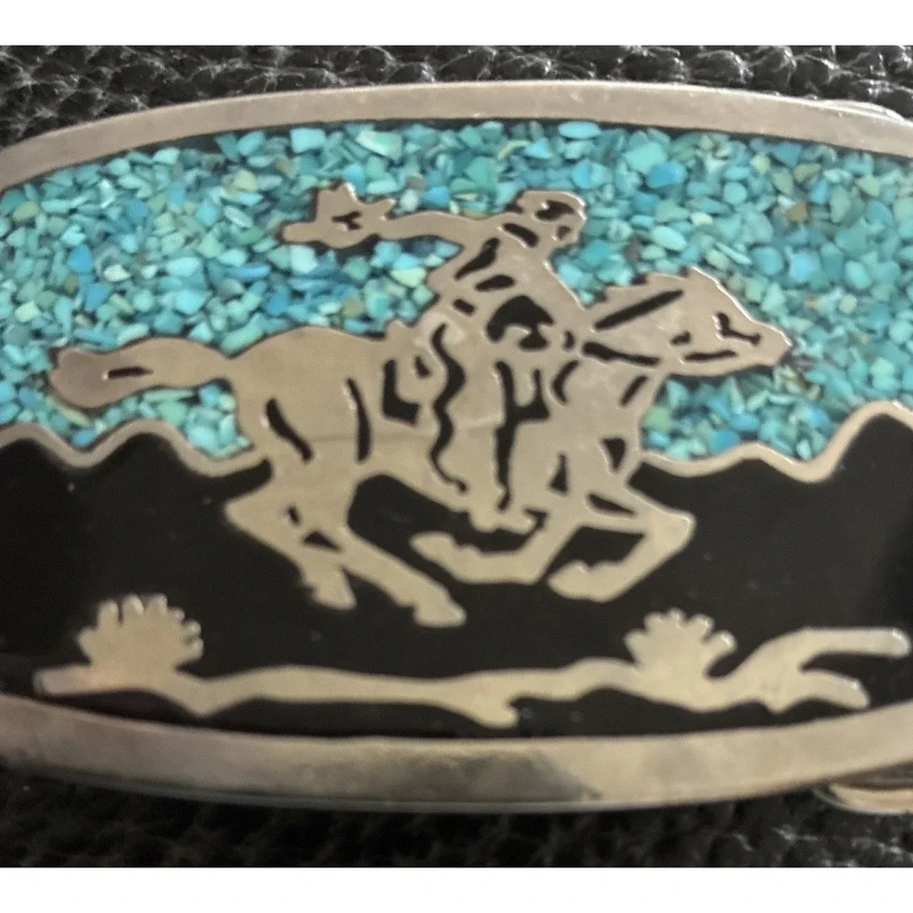 Cowboy Horse  Turquoise Chip Stone Inlay Belt Buckle